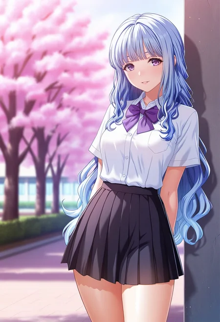 masterpiece, best quality, amazing quality,persephone, purple eyes, blue hair, long hair, 1girl, solo,breasts,school uniform,pleated skirt,white shirt, black skirt, purple bow,short sleeves, parted lips, light smile, standing, looking at viewer, cowboy shot, blurry background, outdoors, school, cherry blossoms<lora:persephoneV1:0.8>