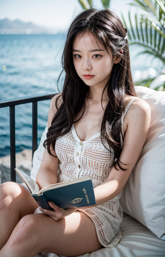 cinematic photo break. white wavy long hair,
A wonderful life, a relaxed atmosphere,Aegean Sea,sunny,a girl in love,reading books,pajama,
<lora:Better_Pose:1>  <lora:fluxenhancer:1> <lora:sparklycism:1>, <lora:Tangbohu_real_style_FLUX_type_A:0.7>, 35mm photograph, film, (bokeh:1.3), professional, 4k, highly detailed