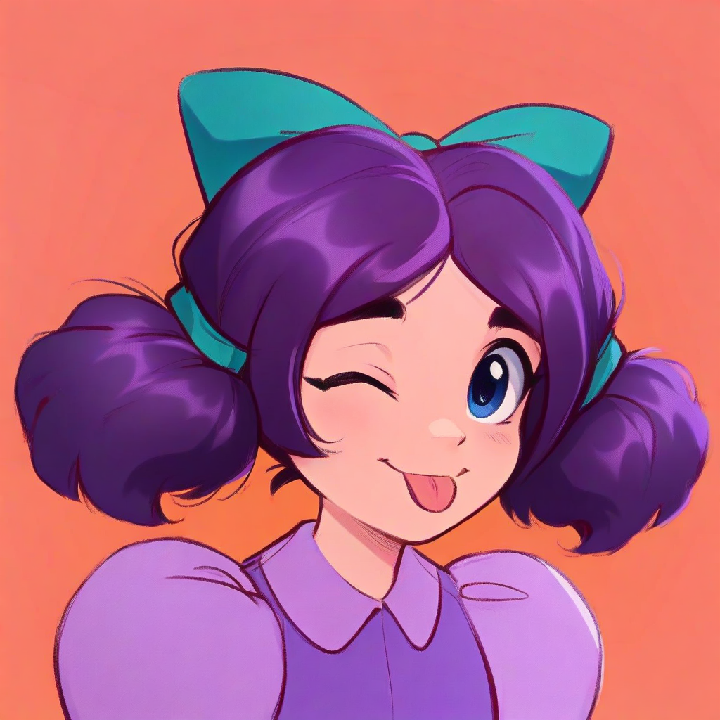 score_9, solo, jas_stardew, purple hair, hairbow, twintails, blue eyes, purple dress, cute, pixelart, one eye closed, tongue, upper body focus