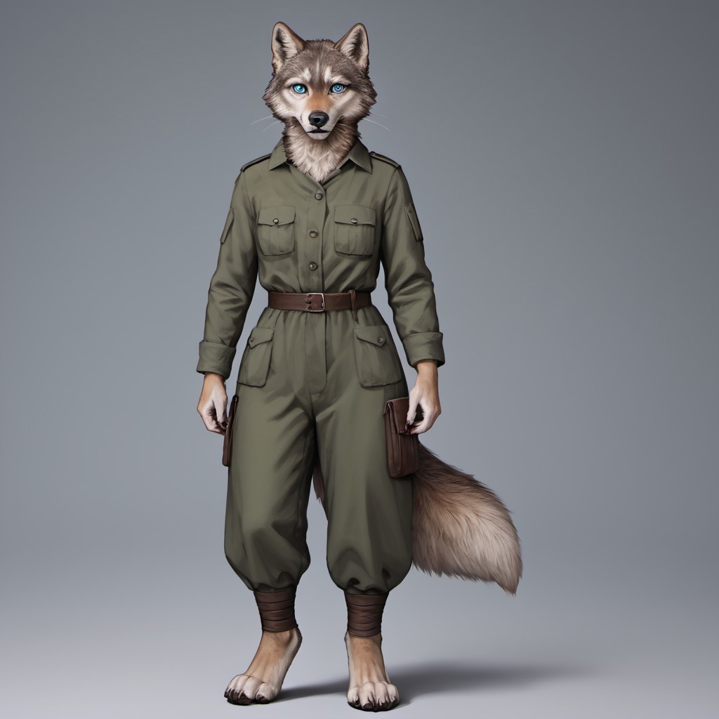 score_9, score_8_up, score_7_up, source_furry, detailed face, detailed eyes, incredible detail BREAK 1girl, solo, anthro, wide shot (furry female, wolf, light brown fur, monotone fur, light blue eyes,slightly wide hips, small breasts), black nose, whiskers, ear flop, solo, looking at viewer, cartoon style, full body, hunter outfit, archer outfit, shy pose