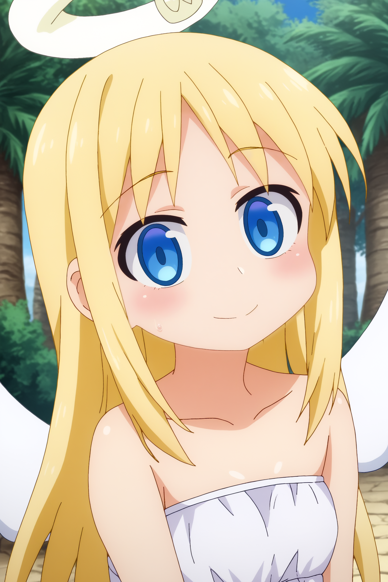 Crimvael, angel, broken halo, wings, solo, smile, anime coloring,  rating_all, outdoors, looking_at_viewer <lora:Ishuzoku_Reviewers-Crimvael-PDXL:0.8>