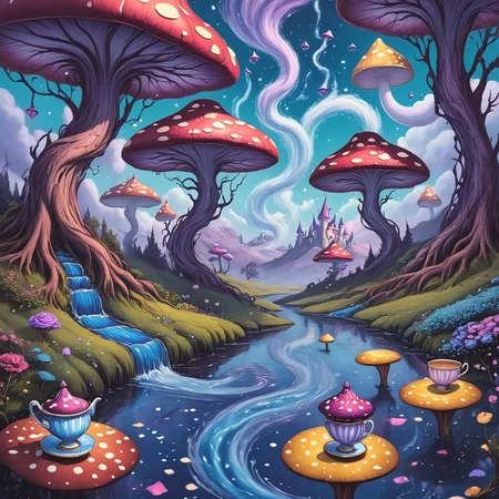 <lora:Wonderland:1> ArsMJStyle, Wonderland, A vibrant, dreamlike landscape with twisted trees, floating teacups, and glowing mushrooms. A river of liquid stardust flows through the scene, with pastel-colored clouds swirling overhead. Giant flowers with faces, chessboard-patterned hills, and a distant castle in the sky complete the surreal wonderland.