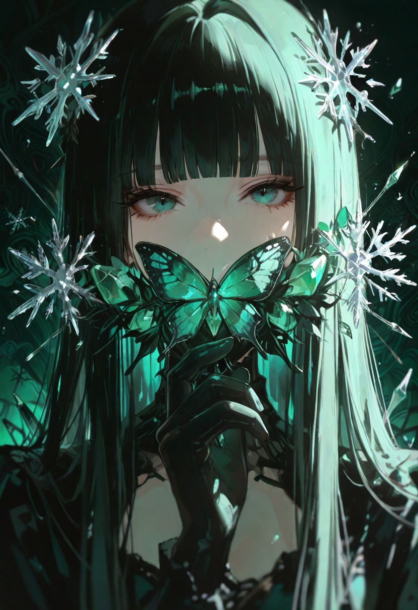 (Theme: Draconic Crystals). masterpiece, newest,absurdres,incredibly absurdres,1girl, solo, bug, butterfly, bangs, black hair, looking at viewer, long hair, blunt bangs, covered mouth, green eyes, green theme, eyelashes, flower, aqua eyes, snowflakes look like crystals, 
dark_theme,abstract background, 
depth of field,white sphere on the background