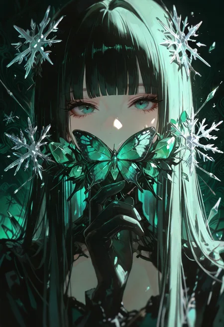 (Theme: Draconic Crystals). masterpiece, newest,absurdres,incredibly absurdres,1girl, solo, bug, butterfly, bangs, black hair, looking at viewer, long hair, blunt bangs, covered mouth, green eyes, green theme, eyelashes, flower, aqua eyes, snowflakes look like crystals,
dark_theme,abstract background,
depth of field,white sphere on the background