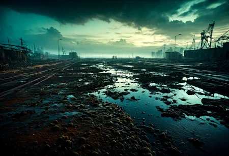 photography, style of Mikko Lagerstedt, HorrorLandscape, on a post-apocalyptic city drowned in poisonous sludge, 100 people scavenger the remains on the city , painting,  oil, concept art, cover art, horror , hyperdetailed, introcated details, extreme detailed, full of details, Wide range of colors., Dramatic,Dynamic,Cinematic,Sharp details Insane quality. Insane resolution. Insane details. Masterpiece. 32k resolution
<lora:EdobHorrorLandscape_XL_v1.0:1>