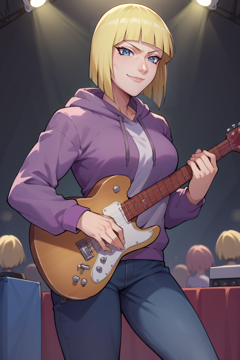 score_9, score_8_up, score_7_up, score_6_up, source_anime BREAK 1girl, solo, <lora:samui-pdxl-nvwls-v1-000005:1> samui, blonde hair, purple hoodie, jeans, holding guitar, looking at you, stage, smile, closed mouth