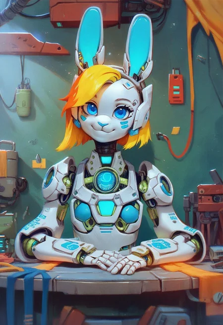 score_9, score_8_up, score_7_up, score_6_up, VitWaterStyle, 1girl, robot, bunny ears, blue eyes, yellow highlights, mechanical, futuristic, green and white armor, cute, smiling, workshop background, sci-fi, anthropomorphic, detailed, shaded