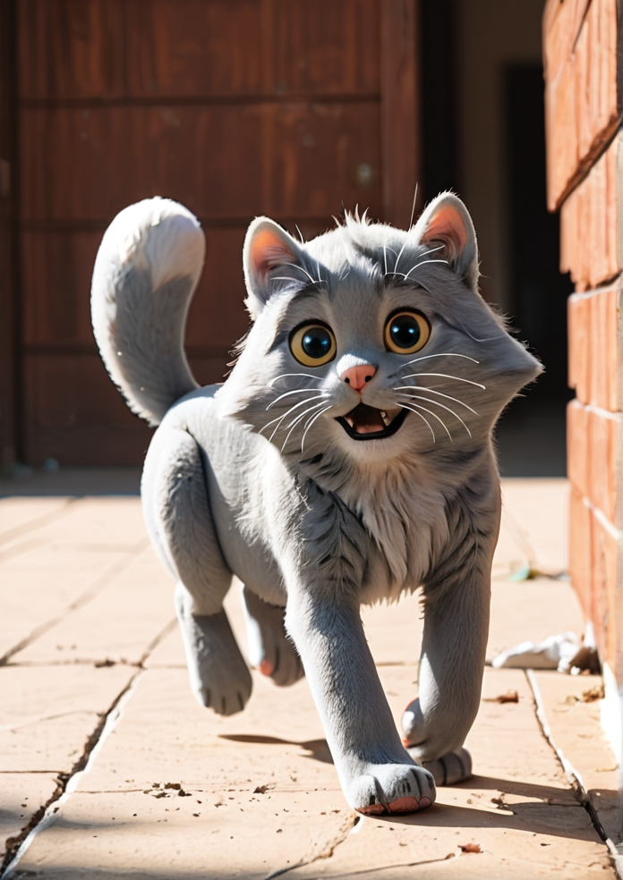score_9, score_8_up, score_7_up, score_6_up, score_5_up, <lora:Sydney_the_Song_Cat:1> sydney, grey cat, feral, no humans, animal focus, yellow sclera, BREAK running, full body, BREAK, masterpiece, high detail, hires, 4k, 8k, 16k, best quality,