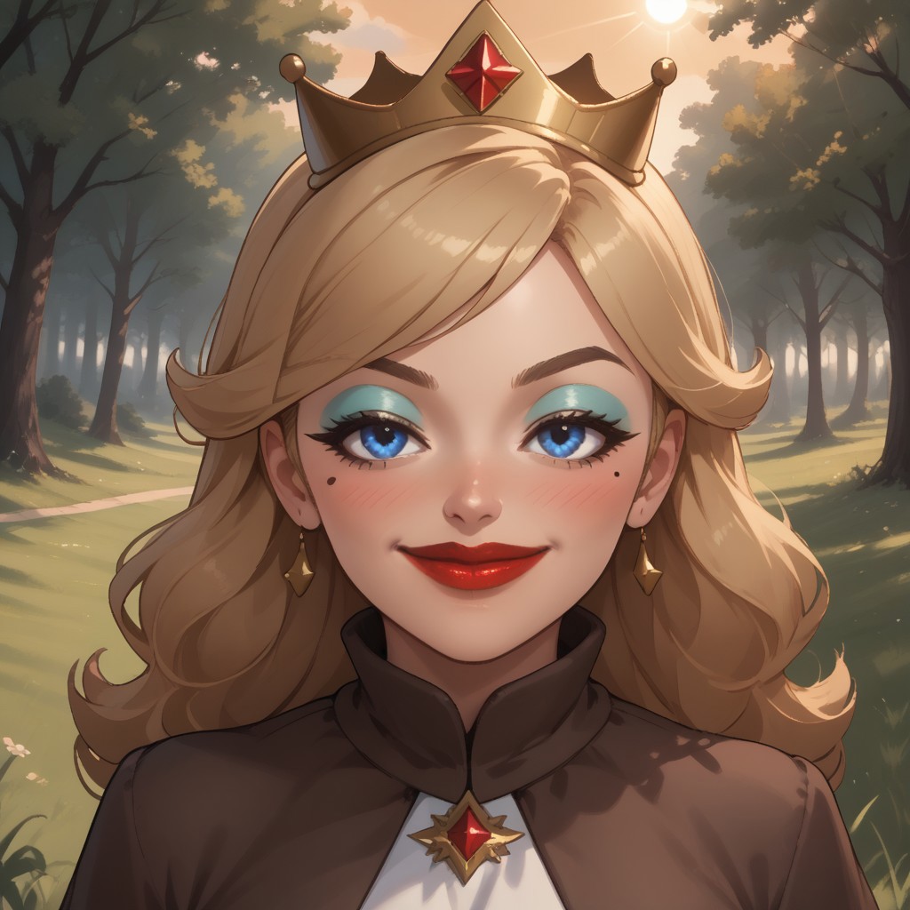 score_9, score_8, BREAK, solo, wii, mii, wii sports, 1girl, female mii, blonde hair, long hair, crown, blue eyes, makeup, blue eyeshadow, blush, mole under eye, red lips, lipstick, brown eyebrows, brown long dress, silver high heels, big breasts, nintendo mii, modern_mii, classic_mii, Empress_Alisha_(OC_Mii), cute, attractive, sexy pose, self portrait, smile, outdoors, sunlight, shadows, evening lighting, natural lighting, forest, trees, grass, orange sky, sunset