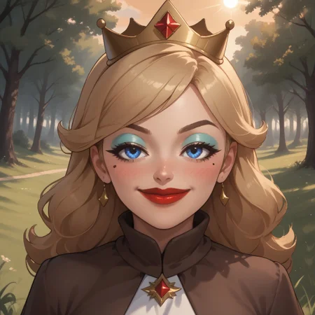 score_9, score_8, BREAK, solo, wii, mii, wii sports, 1girl, female mii, blonde hair, long hair, crown, blue eyes, makeup, blue eyeshadow, blush, mole under eye, red lips, lipstick, brown eyebrows, brown long dress, silver high heels, big breasts, nintendo mii, modern_mii, classic_mii, Empress_Alisha_(OC_Mii), cute, attractive, sexy pose, self portrait, smile, outdoors, sunlight, shadows, evening lighting, natural lighting, forest, trees, grass, orange sky, sunset