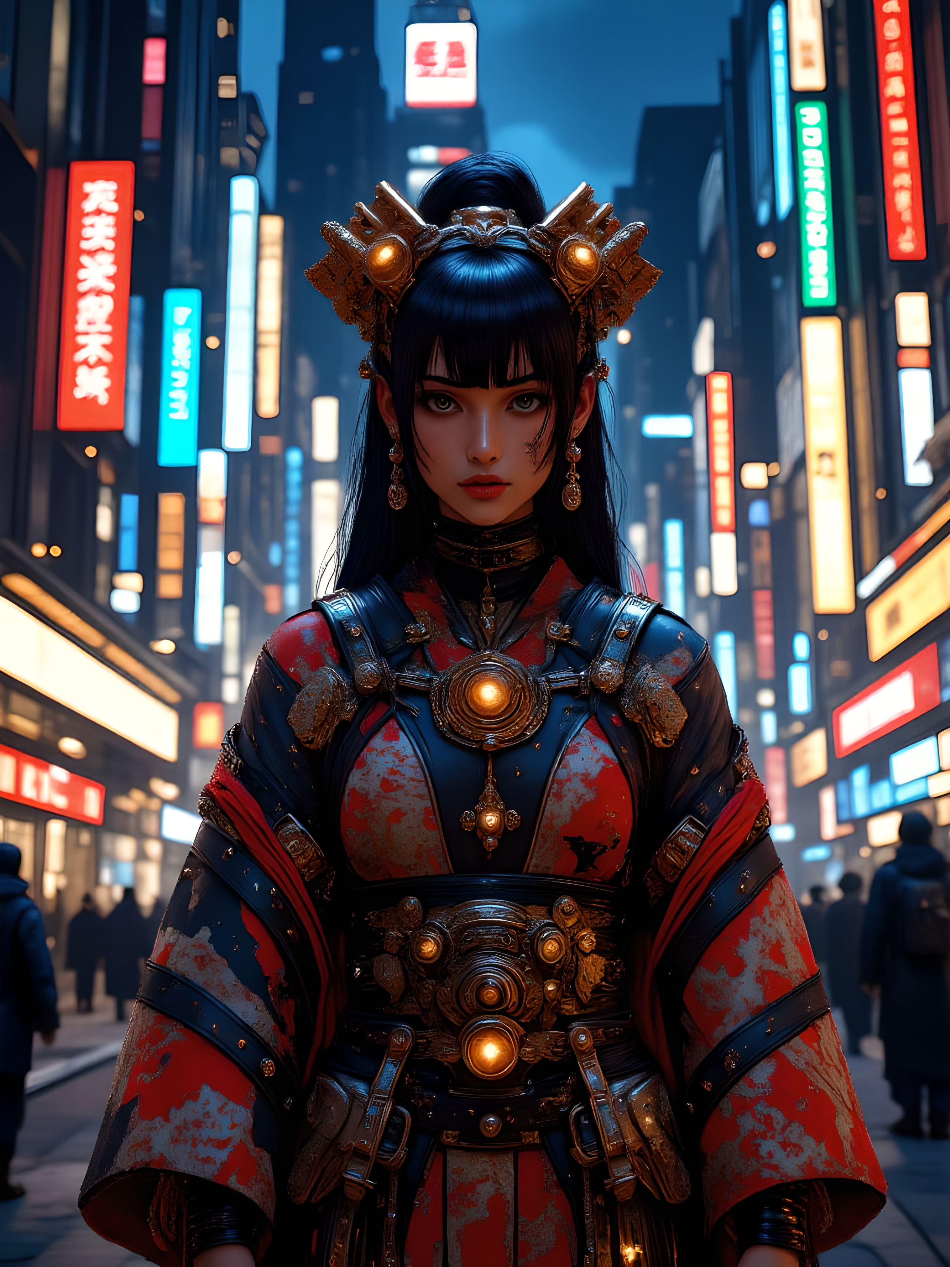 A cinematic film still featuring a young geisha reimagined in a cyberpunk setting. She stands confidently, adorned in a blend of traditional and futuristic armor that showcases intricate designs and vibrant colors. Her attire reflects a fusion of classic geisha elements, like a kimono silhouette, with high-tech enhancements such as glowing circuits and metallic accents. Her skin is adorned with striking tattoos that tell a story, adding depth to her character. With a warm, inviting smile, she embodies a sense of strength and resilience. The background is a bustling cyberpunk cityscape, illuminated by neon lights and holographic advertisements, creating a stark contrast between her traditional grace and the futuristic environment around her. The overall atmosphere combines the elegance of Japanese culture with the edgy aesthetic of cyberpunk, creating a visually captivating scene. aidmaimageupgrader, aidmaMJ6.1m, detailmaximizer, mythp0rt, ne0nfant4sy <lora:aidmaImageUpgrader-FLUX-V0.2:1.0> <lora:flux.1_lora_flyway_Epic-detail_v2:0.8> <lora:aidmaMJ6.1_aidmaMJ6.1-FLUX-v0.4:0.8> <lora:v1v1dr34m:0.7> <lora:mythp0rt_FluxMythP0rtr4itStyle:0.8> <lora:ne0nfant4sy_NeonFantasyPrimeFLUX-000049:0.8>