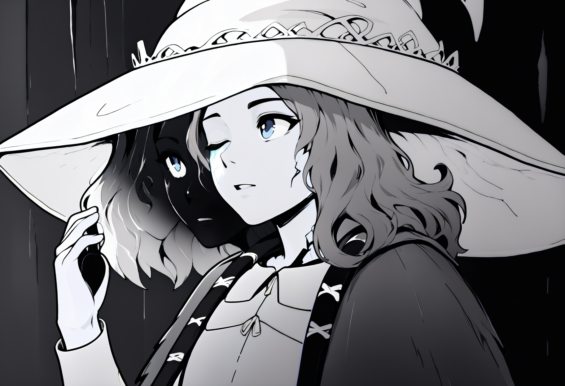 monochrome,dark background,
sitting, cave, cavern, moss, looking up, from side,
IncrsRnnThWtch, blue eyes, one eye closed, blue hair, wavy hair, 4 arms, multiple faces, blue skin, colored skin, cracked skin, doll joints, witch hat, white headwear, white dress, long sleeves, fur cloak, brown cloak
,score_9,score_8_up,score_7_up,
 <lora:Potat_dark_ink_v1_monochrome-RS24:1><lora:Ranni_pdxl_Incrs_v2:1>