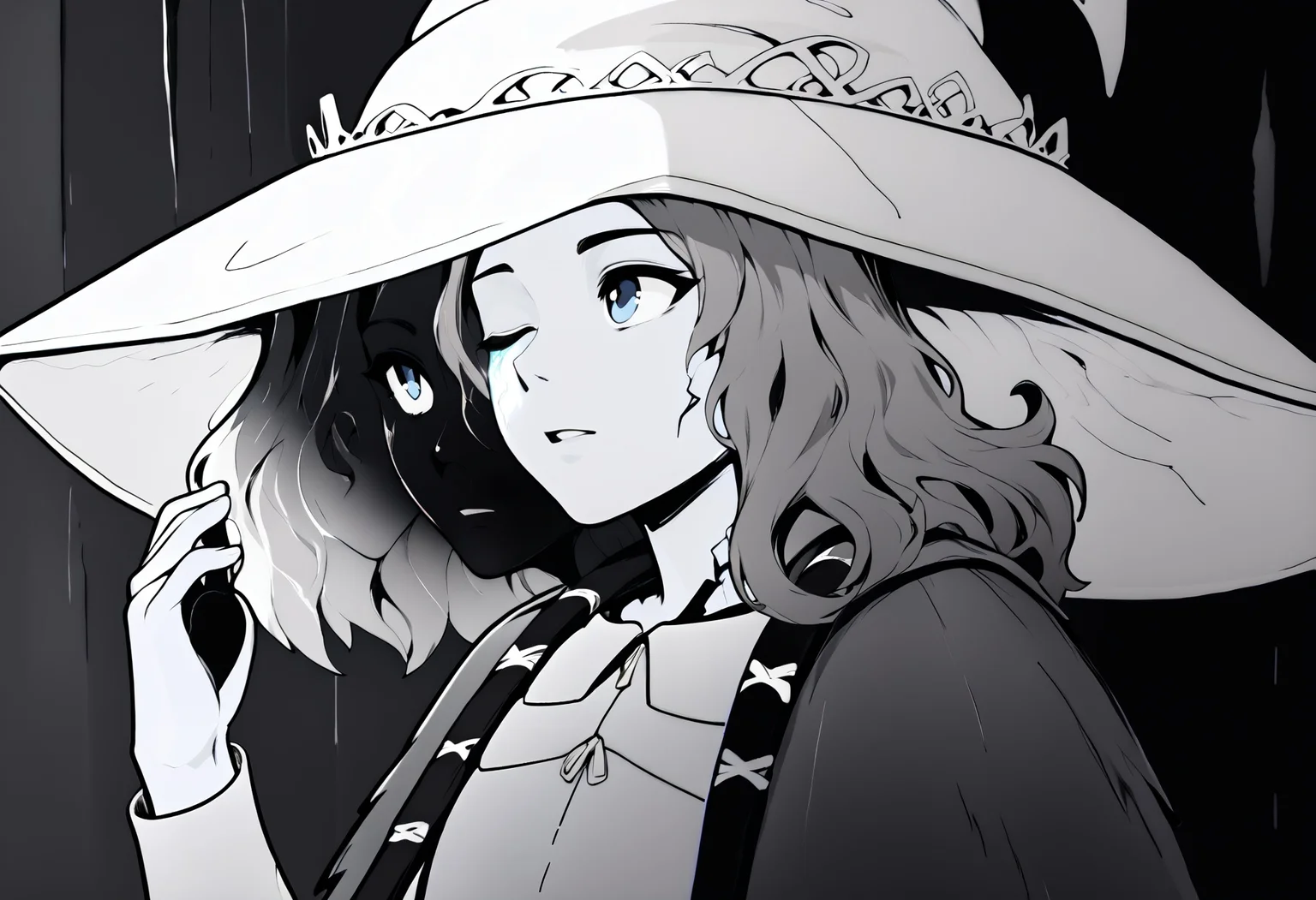 monochrome,dark background,
sitting, cave, cavern, moss, looking up, from side,
IncrsRnnThWtch, blue eyes, one eye closed, blue hair, wavy hair, 4 arms, multiple faces, blue skin, colored skin, cracked skin, doll joints, witch hat, white headwear, white dress, long sleeves, fur cloak, brown cloak
,score_9,score_8_up,score_7_up,
<lora:Potat_dark_ink_v1_monochrome-RS24:1><lora:Ranni_pdxl_Incrs_v2:1>