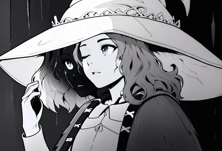 monochrome,dark background,
sitting, cave, cavern, moss, looking up, from side,
IncrsRnnThWtch, blue eyes, one eye closed, blue hair, wavy hair, 4 arms, multiple faces, blue skin, colored skin, cracked skin, doll joints, witch hat, white headwear, white dress, long sleeves, fur cloak, brown cloak
,score_9,score_8_up,score_7_up,
<lora:Potat_dark_ink_v1_monochrome-RS24:1><lora:Ranni_pdxl_Incrs_v2:1>