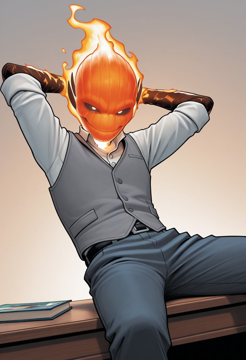 masterpiece, absurdres, high quality, perfect anatomy, 1boy, solo, cute boy, male focus, doyle, Orange Fire, Black Scelera, colored scelera, white shirt, grey vest, belt, sleeves rolled up, smug smile, sitting in desk, hands behind head, leaning back, feet on desk, cinematic, intricately detailed illustration, depth of field, masterpiece, best quality, amazing quality, very aesthetic, absurdres, newest, very awa,  shadow, dynamic angle, casual cosplay, dynamic pose, simple background,
