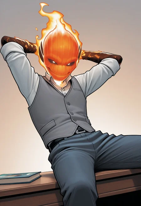 masterpiece, absurdres, high quality, perfect anatomy, 1boy, solo, cute boy, male focus, doyle, Orange Fire, Black Scelera, colored scelera, white shirt, grey vest, belt, sleeves rolled up, smug smile, sitting in desk, hands behind head, leaning back, feet on desk, cinematic, intricately detailed illustration, depth of field, masterpiece, best quality, amazing quality, very aesthetic, absurdres, newest, very awa,  shadow, dynamic angle, casual cosplay, dynamic pose, simple background,