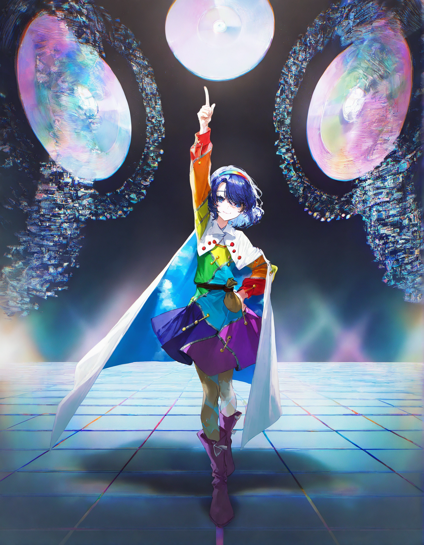 tenkyuu_chimata, 1girl ,rella, quasarcake:0.7, rolua, optical illusion, negative space, saturday_night_fever,blue_hair, breasts, cape, hairband , looking_at_viewer ,multicolored_hairband, pantyhose, purple_eyes ,short_hair ,smile, solo, sweat ,white_cape, disc,  disco,CDs, arm_up , hand_on_own_hip, index_finger_raised, outstretched_arm , dance_floor, dancing,wide shot,
<lora:illustrious_noobai_epsilon_pred_1_best_quality_v1:0.7> ,<lora:illustrious_noobai_epsilon_pred_1_masterpieces_v1:0.7>, <lora:ponyv4_noob1_2_adamW:0.5>, <lora:add_details_xl:0.7>, <lora:CDs_SDXL:1>,
masterpiece, best quality, amazing quality, very aesthetic, absurdres, newest,