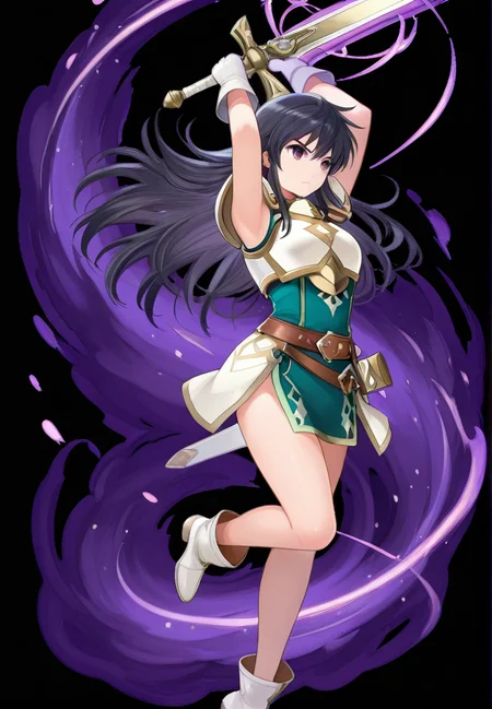 masterpiece, best quality, amazing quality, very aesthetic, absurdres,  newest, detailed background,
feh, magicaura, magic, 
1girl, weapon, sword, solo, holding, holding weapon, holding sword, armor, belt, gloves, breastplate, black hair, arms up, boots, full body, white gloves, armpits, dress, bangs, shoulder armor, short dress, white footwear, sleeveless, ankle boots, brown belt, leg up, sleeveless dress, standing on one leg, closed mouth, bare legs
<lora:Fire_Emblem_Heroes_Style:1> <lora:Magic_Aura:1>