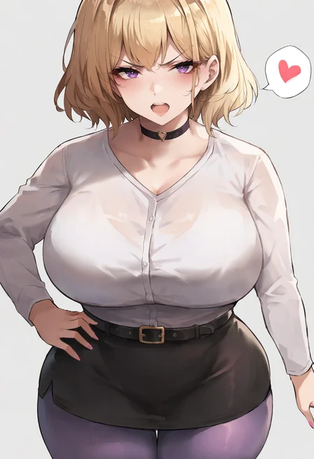 score_9, score_7_up,  1girl, 
huge breasts, wide hips, thick thighs, blush, pantyhose, thighs, blonde hair, skirt, curvy, purple eyes, pink nails, shirt, breasts, looking at viewer, :o, solo, heart, cowboy shot, v-shaped eyebrows, pencil skirt, long sleeves, purple pantyhose, artist name, medium hair, belt, arm at side, white shirt, choker, miniskirt, shirt tucked in, black choker, open mouth, spoken heart, black belt, hand on own hip, black skirt
 <lora:liaowen-Style-PonyXL-GLoRA-Final-000045:1>