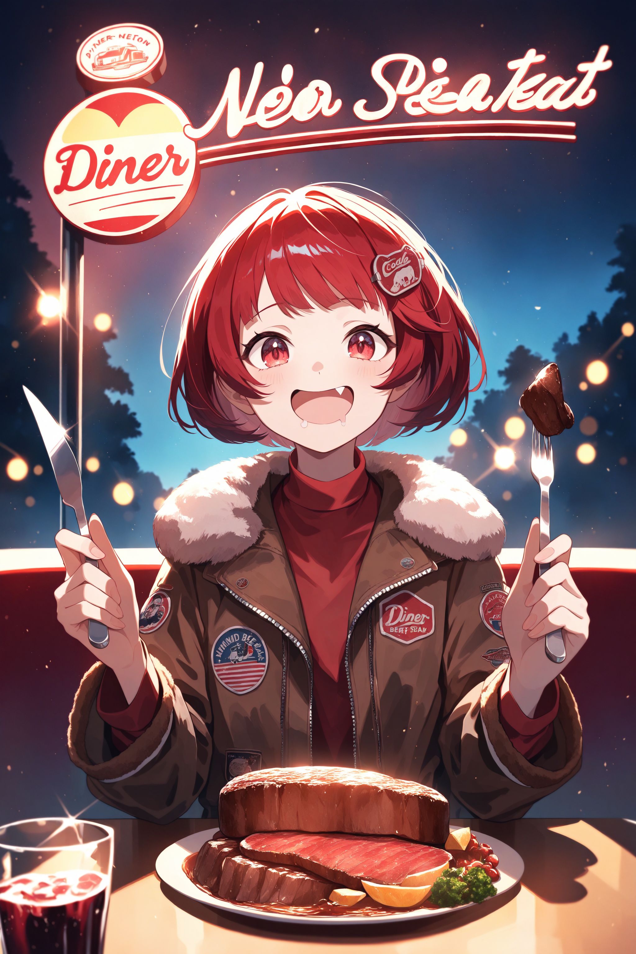 (masterpiece, best quality:1.2), amazing quality, very aesthetic, absurdres, perfect detail,
diner, box seat, cow neon sign, night, table, cola glass, upper body,
sitting, beef steak, holding table knife, holding fork, dual wielding, smile, open mouth, fang, drooling, looking at viewer, 
solo, jigita, red hair, short hair, hair ornament, brown jacket, fur-trimmed jacket, lone sleeves, patch, red shirt,
<lora:XL_Anima4_gomaotsu-digitalis-t1:0.9>