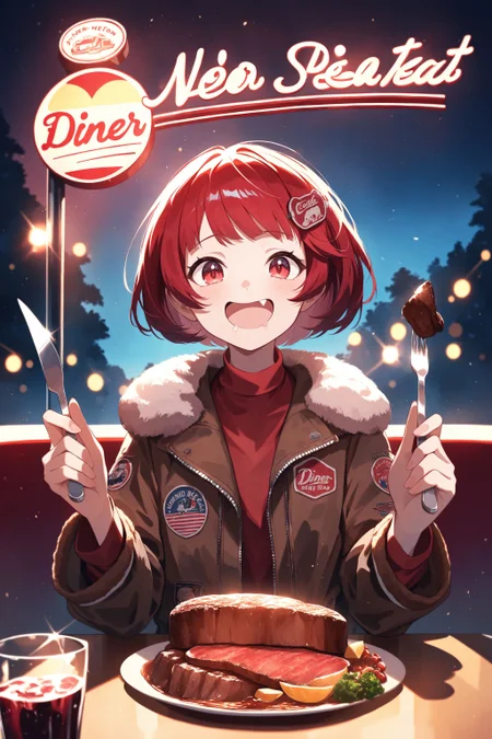 (masterpiece, best quality:1.2), amazing quality, very aesthetic, absurdres, perfect detail,
diner, box seat, cow neon sign, night, table, cola glass, upper body,
sitting, beef steak, holding table knife, holding fork, dual wielding, smile, open mouth, fang, drooling, looking at viewer, 
solo, jigita, red hair, short hair, hair ornament, brown jacket, fur-trimmed jacket, lone sleeves, patch, red shirt,
<lora:XL_Anima4_gomaotsu-digitalis-t1:0.9>