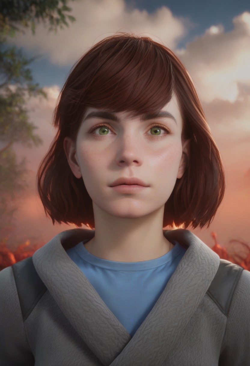 score_9, score_8_up, score_7_up, photo of hrznsbk, 1girl, green eyes, auburn hair, bobcut, grey sweater, blue t-shirt, close-up, face focus, parted lips, petite, outdoors, blue sky, clouds, jungle, red plants, red glowing fog, haze, floating ashes, evil ambience, front lighting, unique angle, unique framing, looking at viewer, parted lips, ((masterpiece))