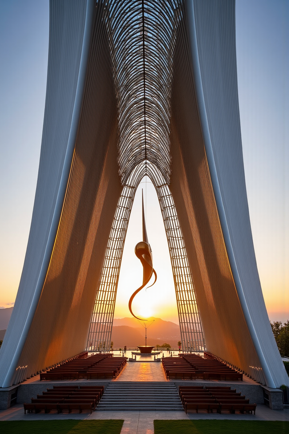 YFG-Sm0rg, A soaring, modernist cathedral stands atop a hill, its steel lattice exterior glinting with a warm golden light as the sun sets behind it. The Calatrava-style structure, titled 'Eternal Light,' features undulating curved lines and sinuous shapes that evoke the fluidity of nature. As the eye moves upward from the base to the apex, a series of interlocking arches rise like waves on a frozen sea.
The exterior walls are constructed from gleaming steel tubes, some vertical, others horizontal or diagonal, arranged in a seemingly organic manner to create a sense of dynamic tension. The steel surface is adorned with intricate patterns of intersecting lines and curves that reflect the play of light across its surface.
Inside the cathedral, a soaring vaulted ceiling appears as an inverted cone, its apex disappearing into darkness above a gleam of bright blue sky through a stained glass dome at the very top. Banks of pews recede in gentle slope toward the altar, their wooden surfaces burnished to a warm glow by the soft light filtering from above.
The focal point is a magnificent bronze sculpture suspended high within the vaulted space â a sinuous, abstract representation of a bird in flight, its wings outstretched and torso elongated. The piece glows with an otherworldly aura as it casts dappled shadows upon the walls and floor below.
In the foreground, a small garden is set amidst a series of broad stone steps leading up to the main entrance, where visitors can pause to take in the breathtaking view of the surrounding landscape â rolling hills, verdant forests, and distant mountains all unfolding beneath the fading light.
