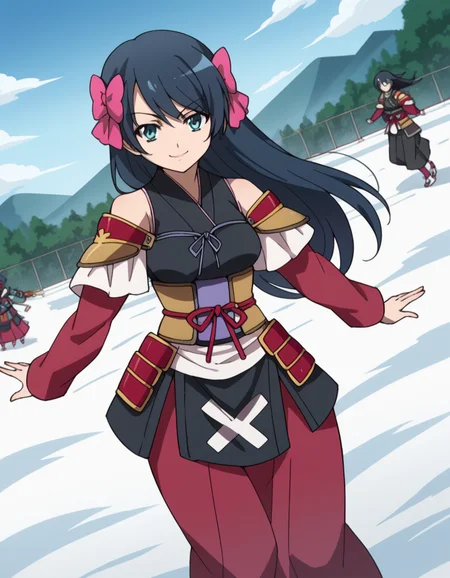 score_9, score_8_up, score_7_up, source_anime, <lora:nagahide-niwa-s1-ponyxl-lora-nochekaiser:1>, nagahide niwa, long hair, blue eyes, black hair, hair bow, aqua eyes, medium breasts, japanese clothes, armor, japanese armor, bare shoulders, shoulder armor, detached sleeves,, skating rink, ice, people, winter, fun, smile, smug, looking at viewer, solo,, dutch angle, cowboy shot