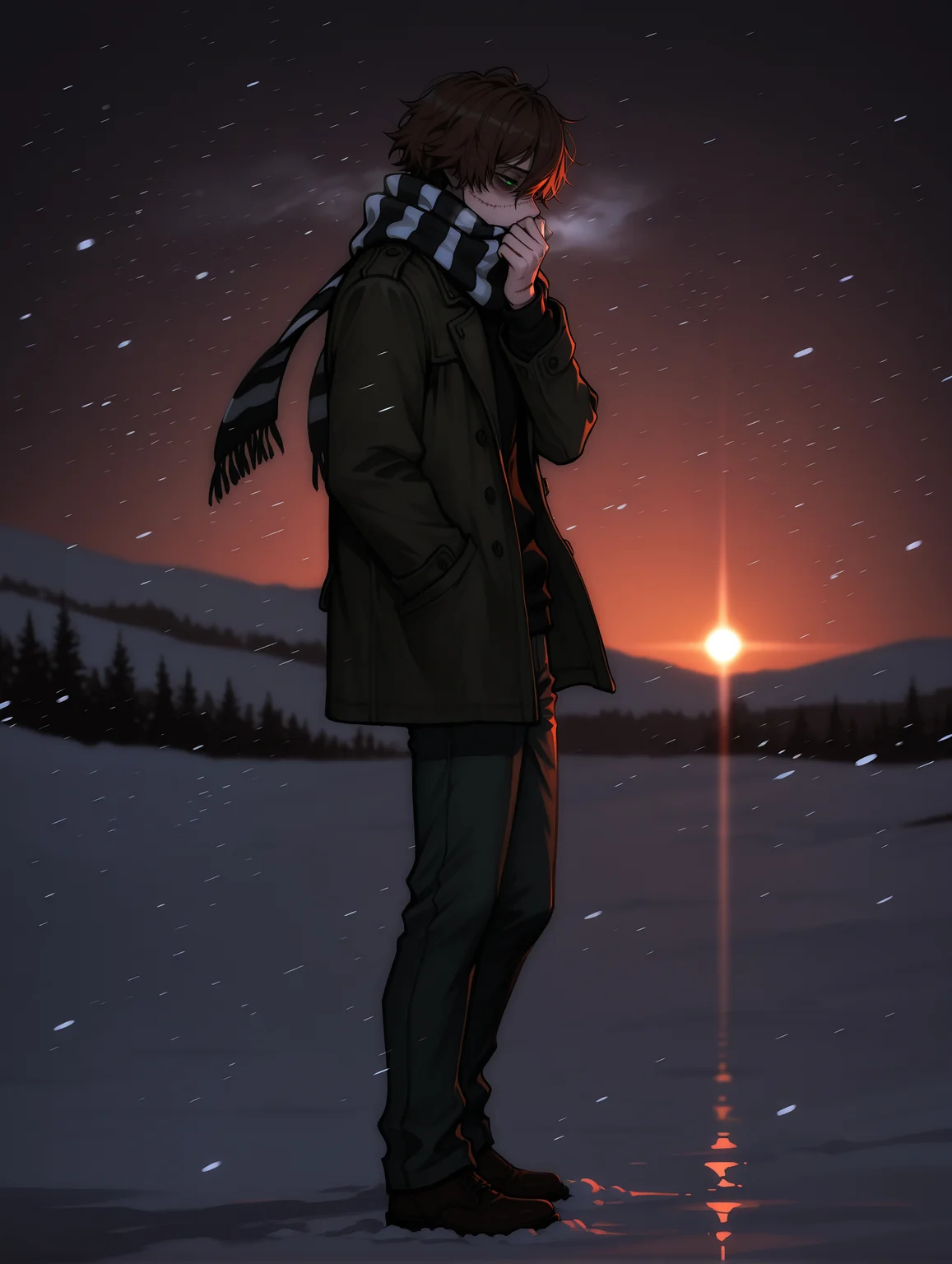 masterpiece, very aesthetic, best quality, hiper-detailed, intricate details, dynamic light, dramatic light, rich colors, dark, darkness, sunset, 25 years old, solo, profile, from side, full body, imtdhomiciliu, 1boy, male, solo, scar, brown hair, scarf, green eyes, striped, striped scarf, stitches, short hair, jacket, scar on face, hair between eyes, long sleeves, pants, bags under eyes, closed jacket, half closed eyes, scarf covering mouth, covered mouth, hand in scarf, snow, snowing, snowy landscape, sad landscape, beautiful landscape, shivering, cold