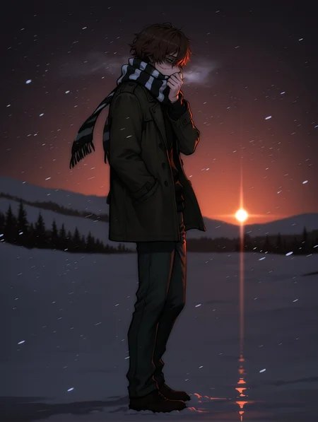 masterpiece, very aesthetic, best quality, hiper-detailed, intricate details, dynamic light, dramatic light, rich colors, dark, darkness, sunset, 25 years old, solo, profile, from side, full body, imtdhomiciliu, 1boy, male, solo, scar, brown hair, scarf, green eyes, striped, striped scarf, stitches, short hair, jacket, scar on face, hair between eyes, long sleeves, pants, bags under eyes, closed jacket, half closed eyes, scarf covering mouth, covered mouth, hand in scarf, snow, snowing, snowy landscape, sad landscape, beautiful landscape, shivering, cold