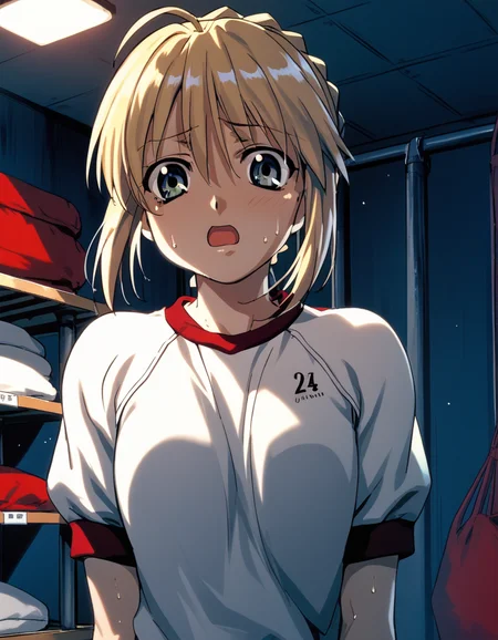 score_9, score_8_up, score_7_up, <lora:to-heart-ponyxl:0.9> 1girl, solo, artoria pendragon \(fate\), saber, gym uniform, red buruma, open mouth, embarrassed, sweat, gym storeroom, indoors, dim lighting, night, upper body