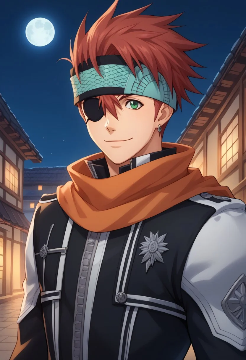 score_9, score_8_up, score_7_up, source_anime, highly detailed,
lavidgray, solo, gloves, eyepatch, 1boy, fingerless gloves, male focus, jacket, red hair, headband, upper body,
leather, scarf, earrings, jewelry, green eyes, pants, belt, exorcist uniform,
ouytdoor, buildings, night, moon, smile, closed mouth