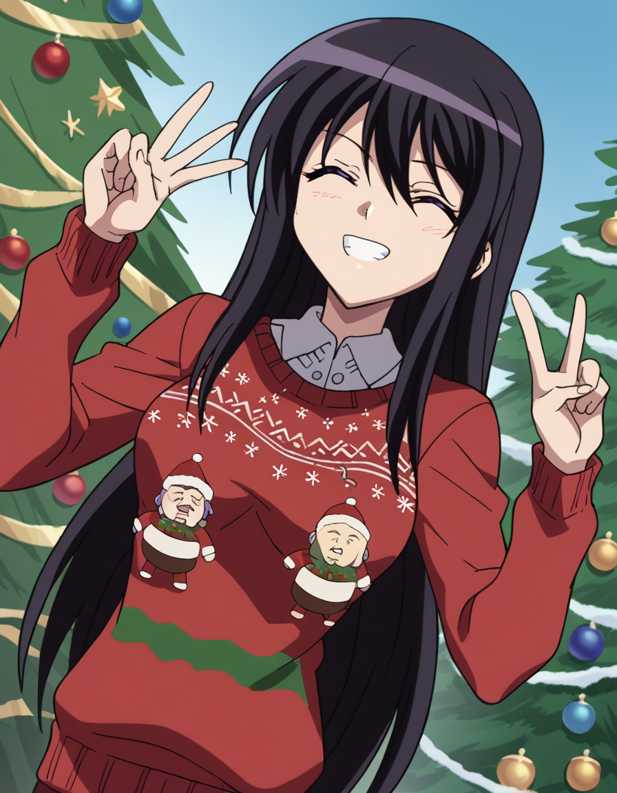 score_9, score_8_up, score_7_up, source_anime, <lora:kyouko-sonan-s1-ponyxl-lora-nochekaiser:1>, kyouko sonan, long hair, black hair, purple eyes, hair between eyes, sidelocks, anime screencap,, <lora:christmas-sweater-ponyxl-lora-nochekaiser:1>, christmas sweater, christmas, ugly sweater, print sweater, red sweater, christmas tree, christmas ornaments, sweater, multicolored sweater, , v, smile, hands up, teeth, closed eyes, cowboy shot,, , dutch angle, cowboy shot