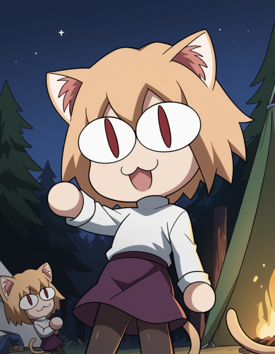 score_9, score_8_up, score_7_up, source_anime, <lora:carnivalphantasm-neco-arc-ova-ponyxl-lora-nochekaiser:1>, neco arc, short hair, blonde hair, red eyes, animal ears, tail, cat ears, chibi, cat tail, slit pupils,, skirt, pantyhose, sweater, purple skirt,, camping, bonfire, tent, stargazing, marshmallows, forest clearing, night, , looking at viewer, from below, solo,, dutch angle, cowboy shot