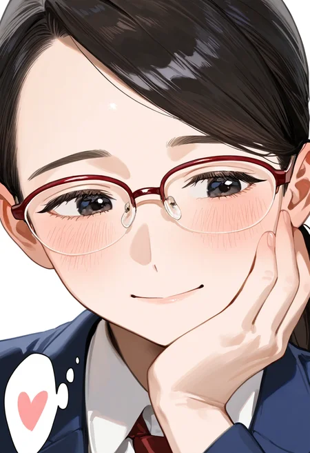halfrim22A, over-rim eyewear, red-framed eyewear,
1girl, solo, black eyes, black hair, long hair, ponytail, collared shirt, red necktie, blue blazer, blush, smile, happy,
simple background, white background, portrait, upper body, looking at another, look down, looking to the side, hand on own cheek, heart, thought bubble, spoken heart,
masterpiece, best quality, amazing quality, very aesthetic, absurdres,
<lora:glasses_halfrim22A_Illustrious_V1L:0.7>