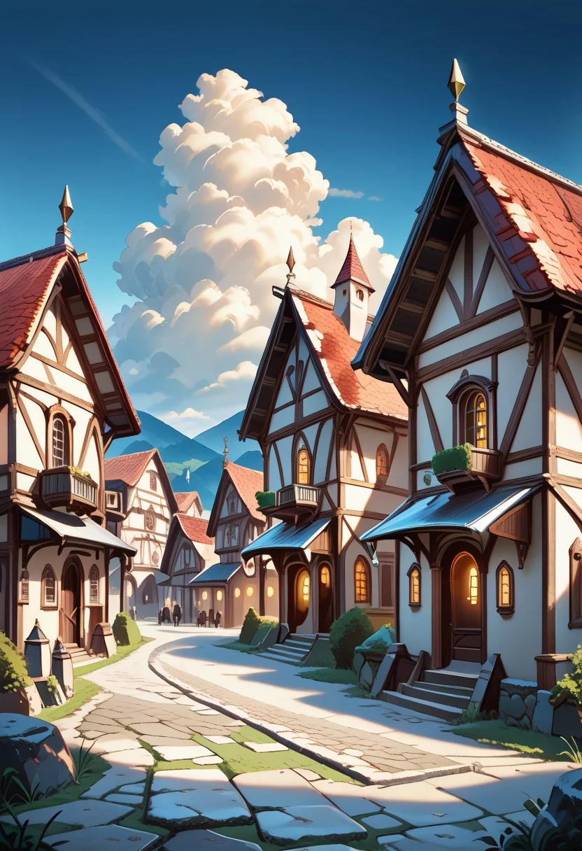 score_9, score_8_up, score_7, chromed, mevicab, scenery, village, houses, townhouses, square, reddish night, two moons in the background