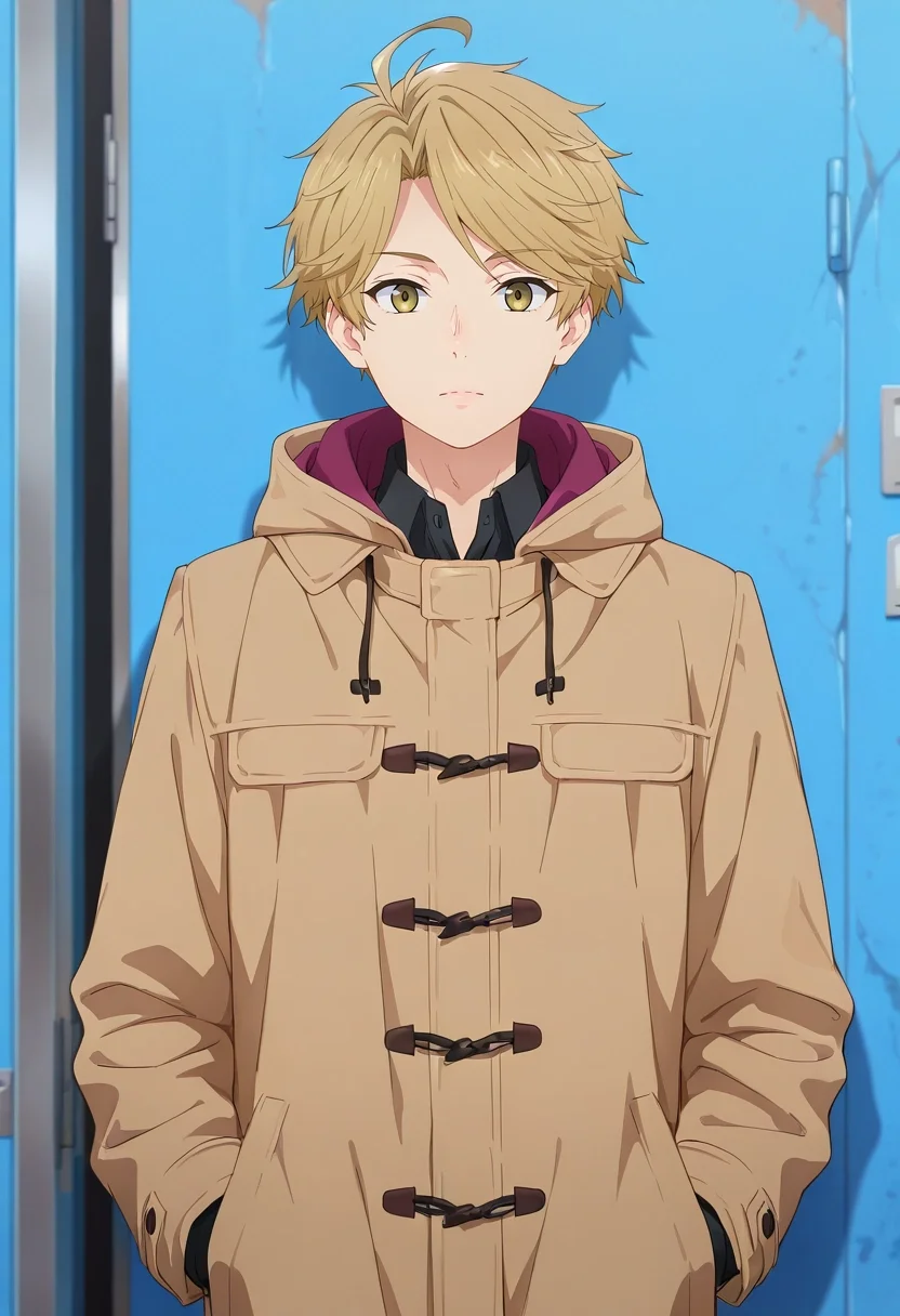 masterpiece, best quality, , (realistic:0.6), looking at viewer, 1boy, solo, male focus, <lora:yuuma_nikaidou_ilxl:0.9>, yuuma_nikaidou, blonde hair, yellow eyes, short hair, ahoge, , coat,