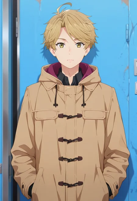 masterpiece, best quality, , (realistic:0.6), looking at viewer, 1boy, solo, male focus, <lora:yuuma_nikaidou_ilxl:0.9>, yuuma_nikaidou, blonde hair, yellow eyes, short hair, ahoge, , coat,
