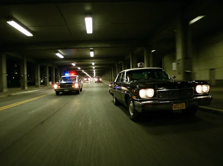 8n8log, Wide-angle shot, urban underpass, two cars mid-chase; classic police car with red and blue flashing lights on the left in pursuit, foreground shows a vintage black cadillac. Dark tunnel, overhead fluorescent lights, industrial environment, steel columns lining the sides, motion blur, high-speed action. film photography aesthetic, film grain effect prominent throughout image, high contrast lighting creating dramatic shadows, grainy film-like texture