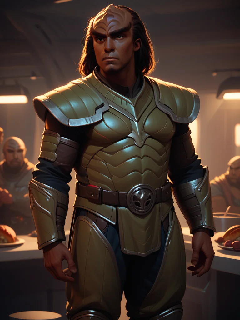 standing in line at a food truck <lora:Klingon_v2_pony:1> score_9,score_8_up,score_7_up,score_6_up,score_5_up,score_4_up , 1man, kling0n alien, large forehead ridges, brown skin, large eyebrows, wearing warrior armor,