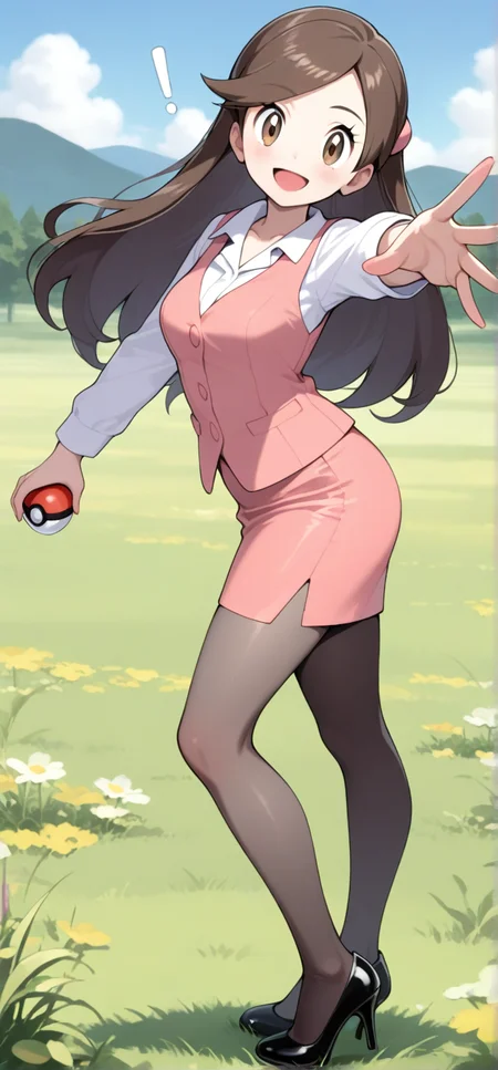2d, masterpiece, best quality, amazing quality, 1girl, solo, close-up, standing, open mouth, smile, exclamation mark, stretched arm, full body,holding pokeball, looking at viewer, meadow, day,olbw, office worker \(pokemon\), office lady, brown eyes, long hair, brown hair, hair ornament, pink vest, white shirt, collared shirt, long sleeves, pink skirt, pencil skirt, black pantyhose, high heels, black footwear