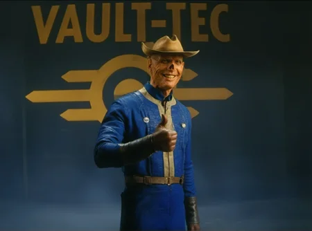 cinematic photo a bald ghoul cowboy with a hat, smiles, thumbs up, text ''VAULT-TEC'' <lora:TheGhoul1024:0.85> . 35mm photograph, film, bokeh, professional, 4k, highly detailed