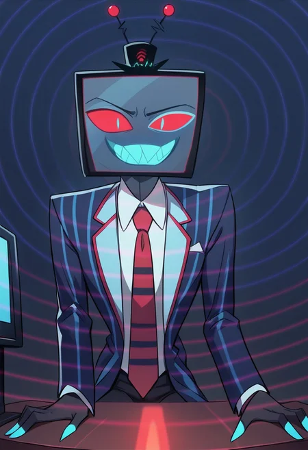 score_9, score_8_up, score_7_up,
masterpiece, best quality, detailed, amazing quality,
detailed background, office,
detailed eyes, clean eyes,
dynamic pose, sitting on desk, static screens, spiral screens,
1man,
Vox, TV head, television head, rectangular Head Cyan screen, cyan screen, red sclera, blue pupils, blue teeth, tophat, TV antennas, red and black striped shirt, dark blue coat, red tie, black skin,
hypno wave,
easynegative