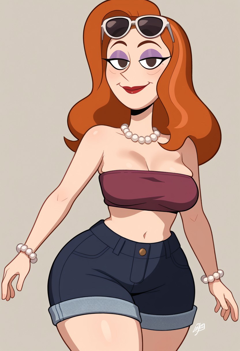 solo,Dorothea Davenport from TGAMM,brown dot eyes,cheekbone,orange hair,long hair,bandeau,shorts,sunglasses on head,purple eyeshadow,red lipstick,medium breasts,small waist,huge hips,looking at viewer,smile,closed mouth,pearl bracelet,sagging breasts