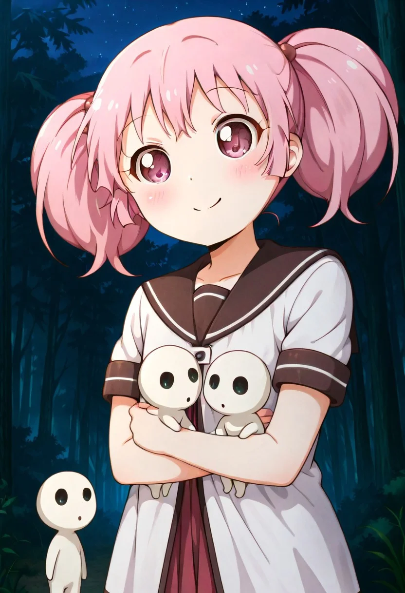 masterpiece, best quality, detailed eyes, newest, anime screencap, anime coloring, chinatsu_yuyu, yuru yuri, pink hair, twintails, school uniform, smile, blush, kodama, hugging kodama, night, outdoors, forest