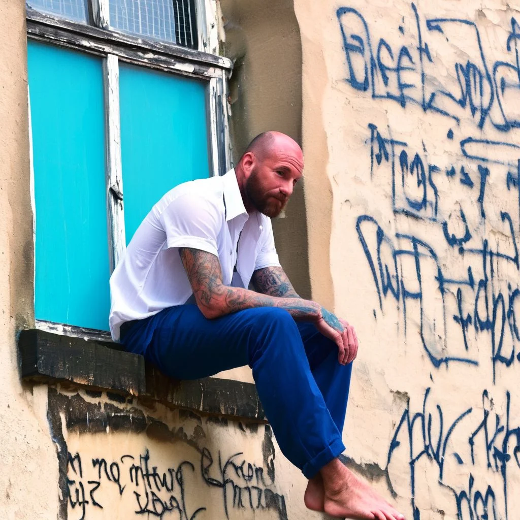 urban, tattooed man, detailed skin, two arms resting on knee, sitting on edge of stone windowsill, beam, under window, perched, handwriting graffiti, detailed, plaster, window frame, bokeh background, blue trousers, white short-sleeved shirt, both hands, highly-detailed face, stubble, individual hairs, sideburns, neck, brick wall, cyan, window hole with metal grid, photorealistic, barefoot, submerged