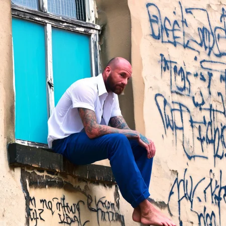 urban, tattooed man, detailed skin, two arms resting on knee, sitting on edge of stone windowsill, beam, under window, perched, handwriting graffiti, detailed, plaster, window frame, bokeh background, blue trousers, white short-sleeved shirt, both hands, highly-detailed face, stubble, individual hairs, sideburns, neck, brick wall, cyan, window hole with metal grid, photorealistic, barefoot, submerged