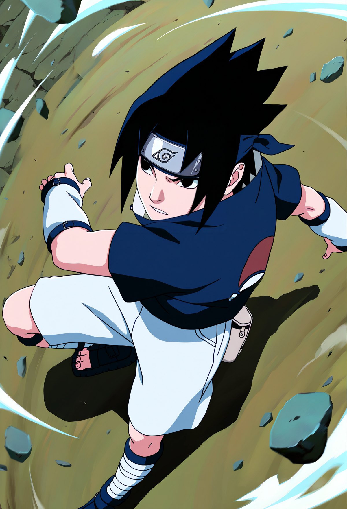 masterpiece, best quality, very aesthetic, absurdres,
1boy, uchiha sasuke, black hair, black eyes,
forehead protector, blue shirt, white shorts, sandals,
dynamic angle, from above, fighting stance, attack battle form, floating debris, dust, stones, winds, official art, full body,    <lora:SasukeGeninNoobXL_byKonan:1>