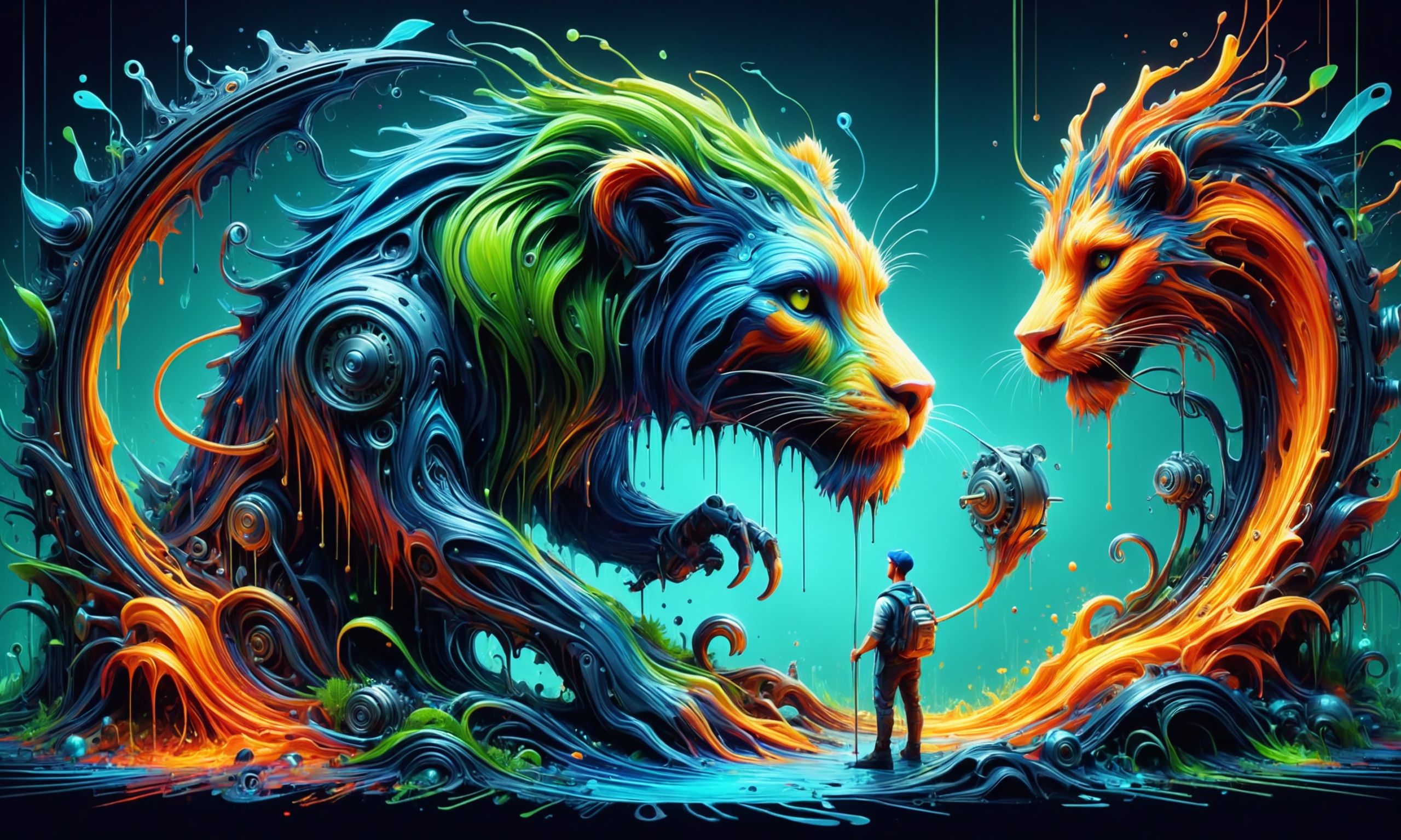 Beautiful detailed digital illustration of a Tech-artisan crafting intricate cyber-sculptures at a Clockwork jungle with mechanical creatures, <lora:Rainbow_Style:0.6> , <lora:ral-melting:0.7> ral-melting