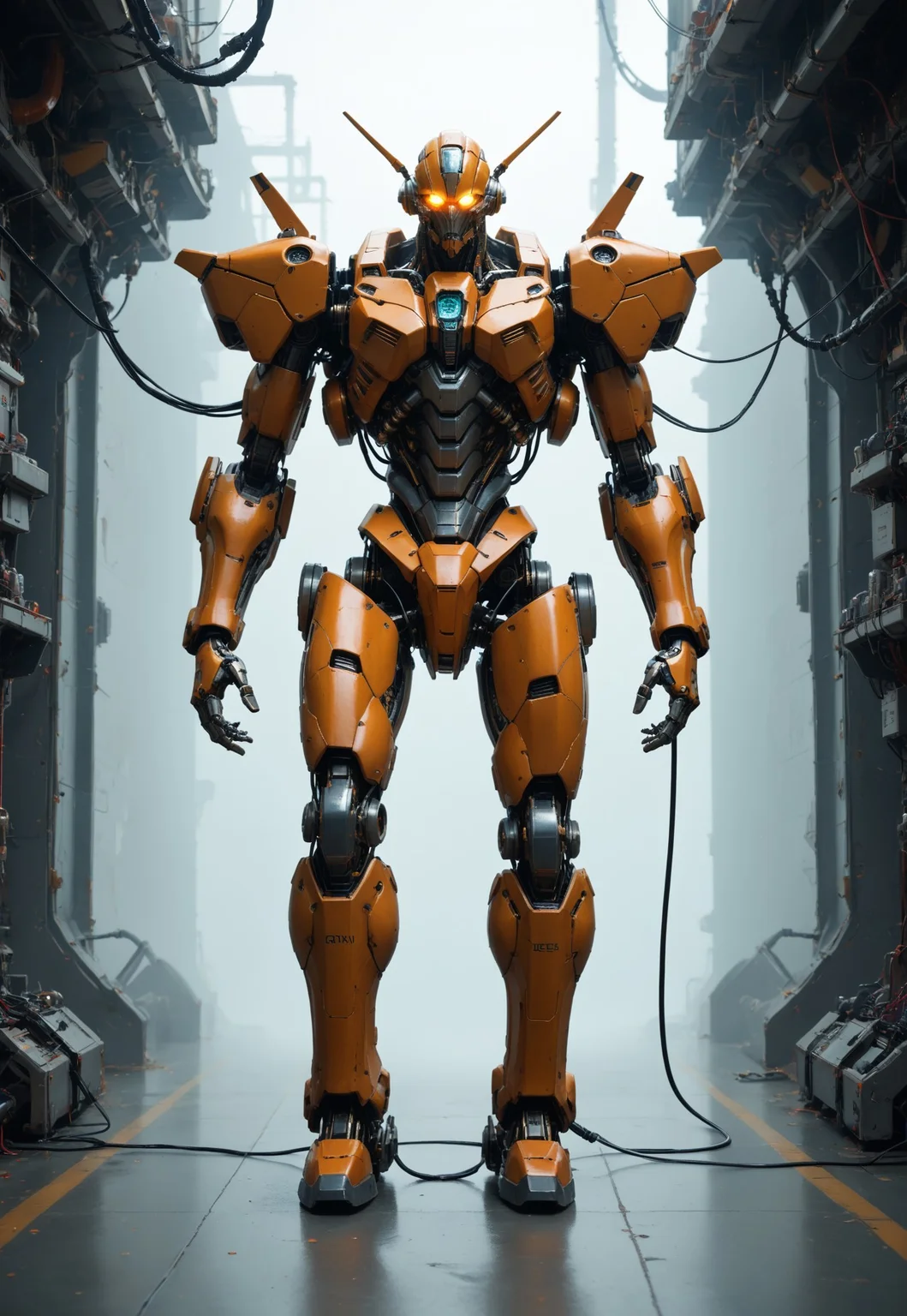 score_9, score_8_up, score_7_up, BREAK, mecha, biomechanical, Mobile Suit, body suit, mechanical parts, complex robot, machinery, wires, joints, cable, one eye, glowing eye, full body,